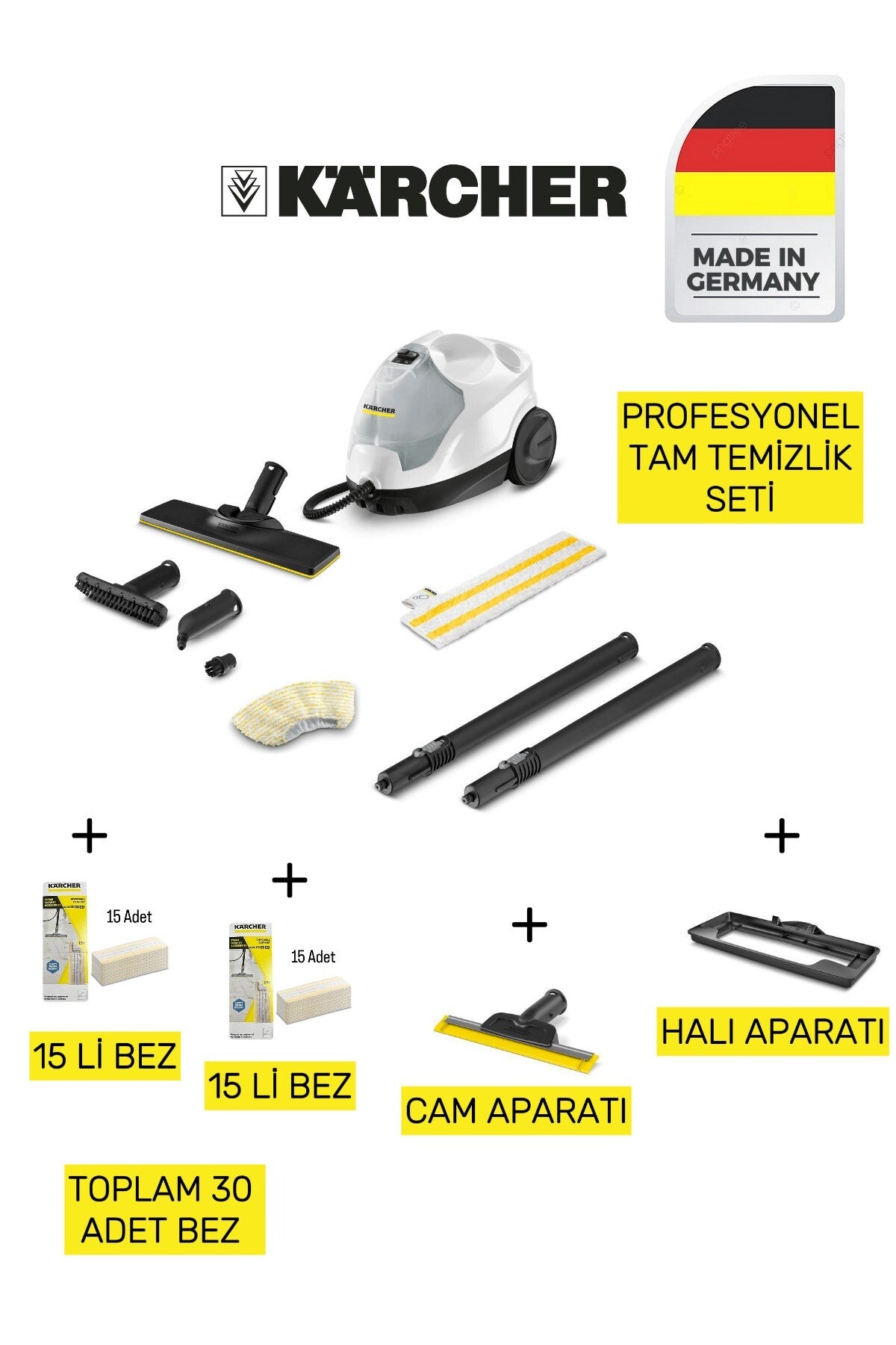 SC4 EasyFix Prime | Cam ve Halı Aparatlı, 30 Bezli Temizlik Seti
